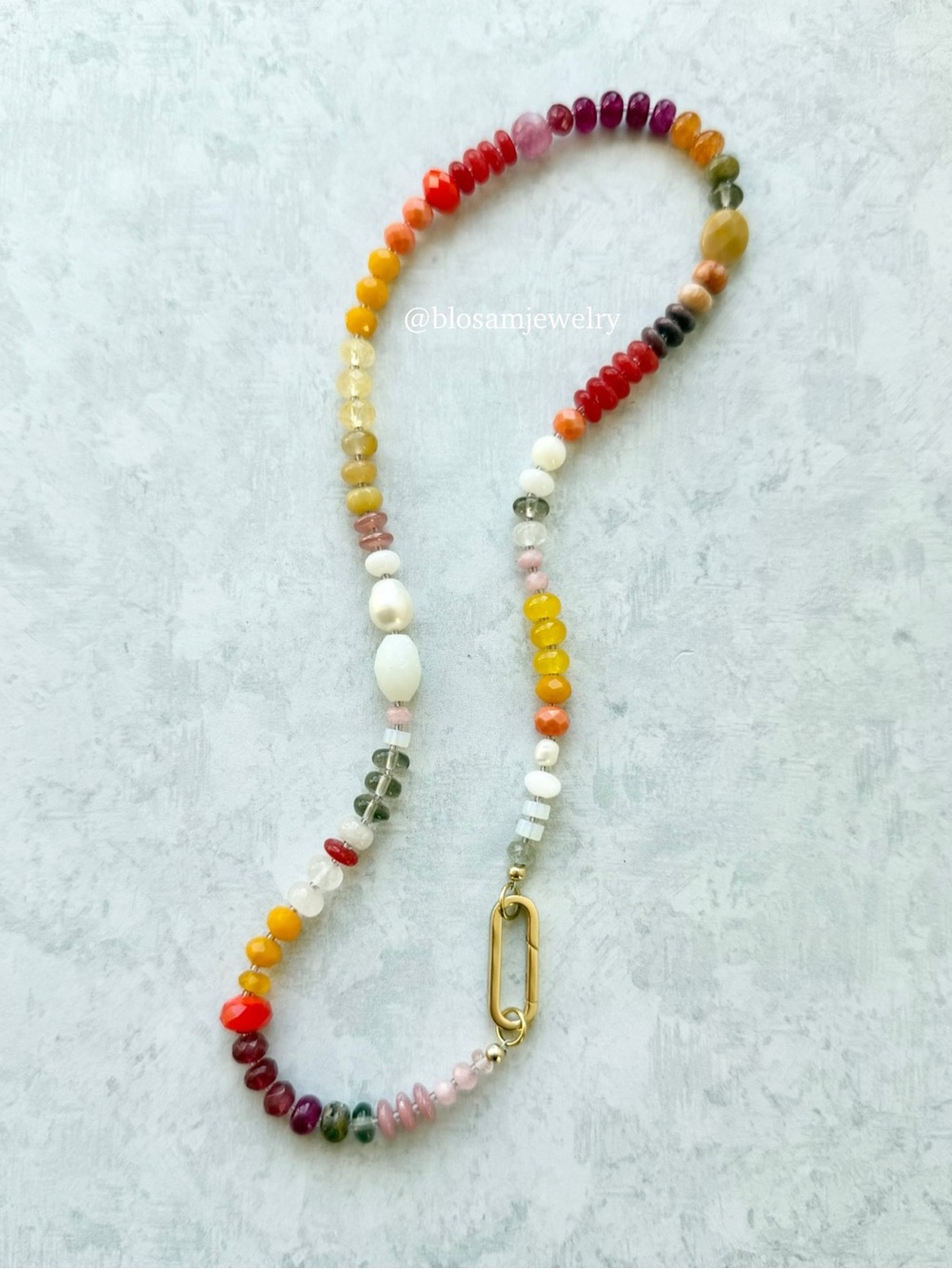 Handmade Colorful Gemstone Beaded Charm Holder Necklace Pearl Citrine Jade 14k